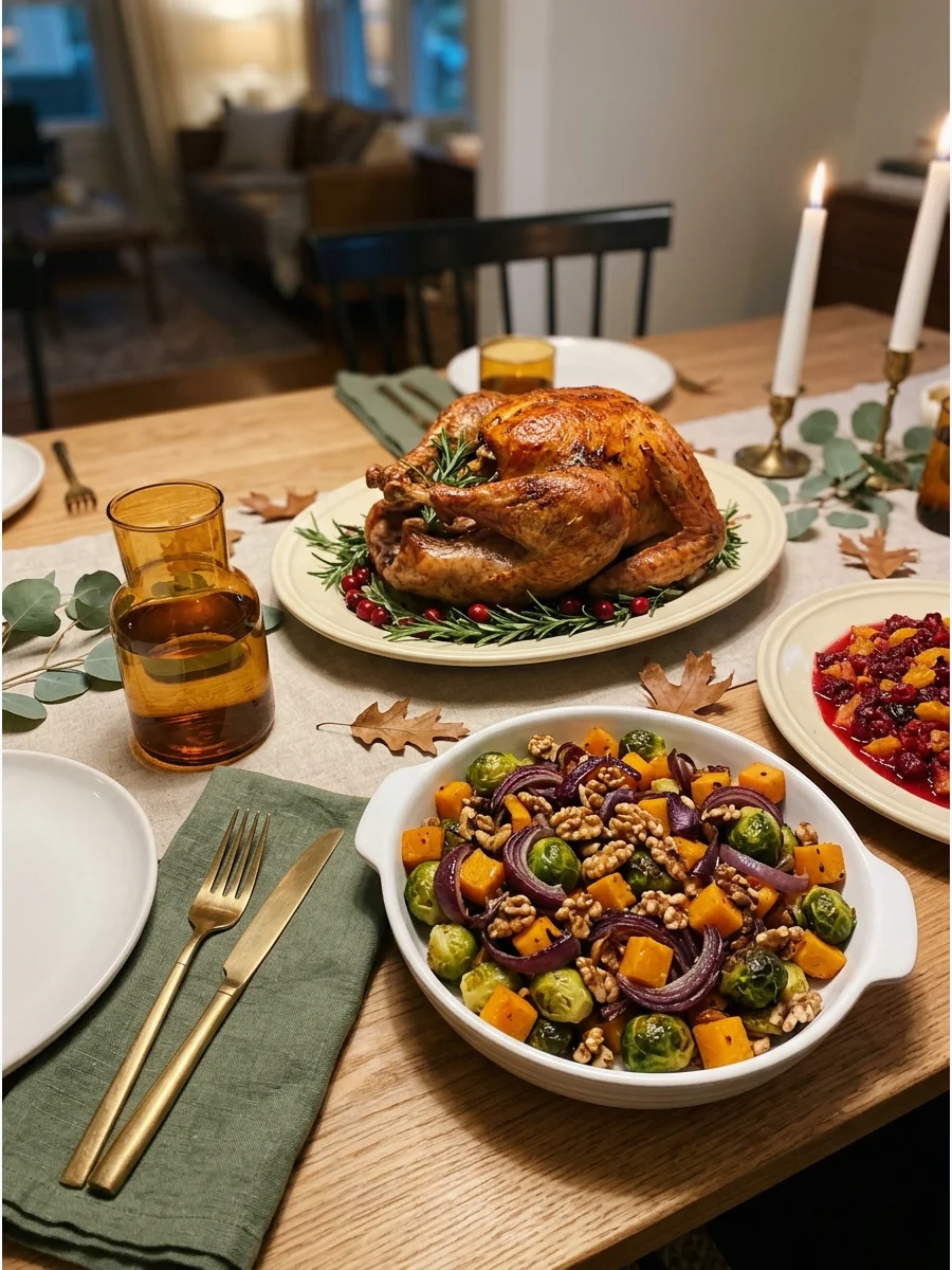 A Thanksgiving table set with colorful platters of food serving as the centerpiece.