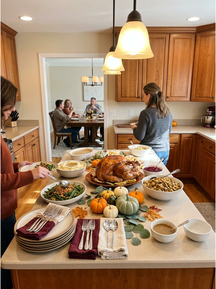 A kitchen island set up as a self-serve Thanksgiving buffet station.
