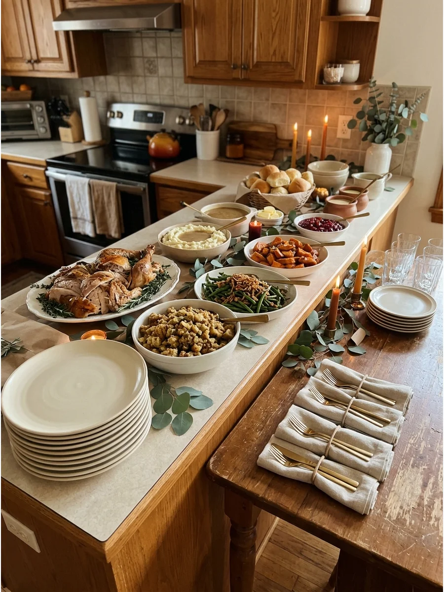 A Thanksgiving buffet line organized in a logical serving order.