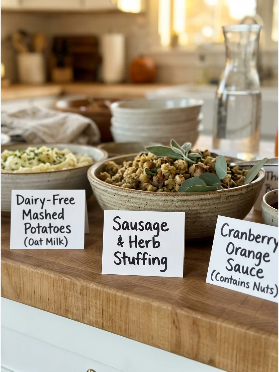 Handwritten labels identifying different dishes on a Thanksgiving buffet.