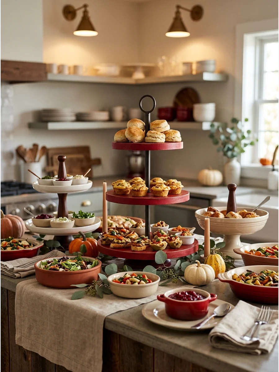 Tiered serving stands used to save space on a Thanksgiving buffet table.