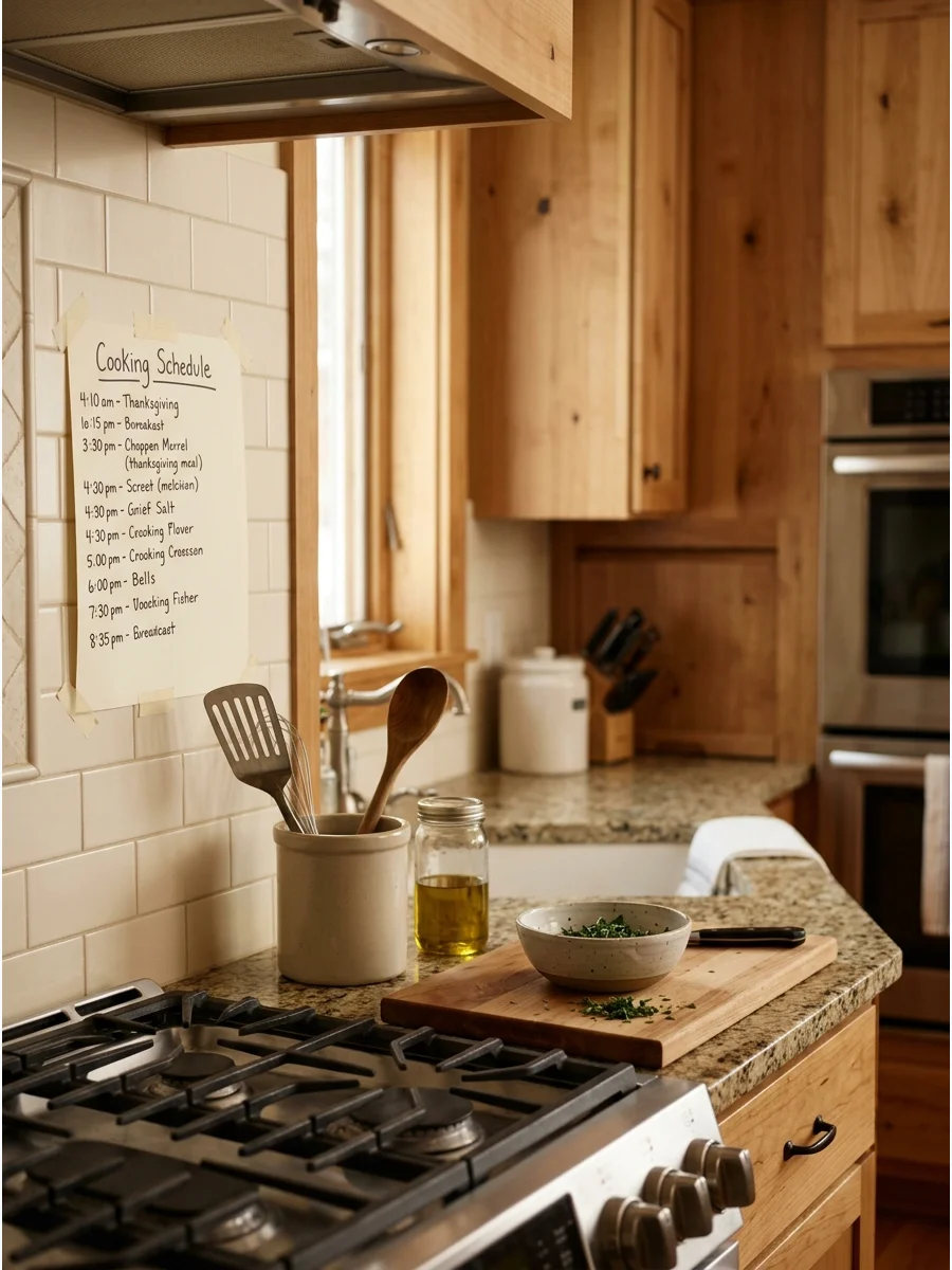 A detailed cooking timeline for Thanksgiving day posted in a kitchen.