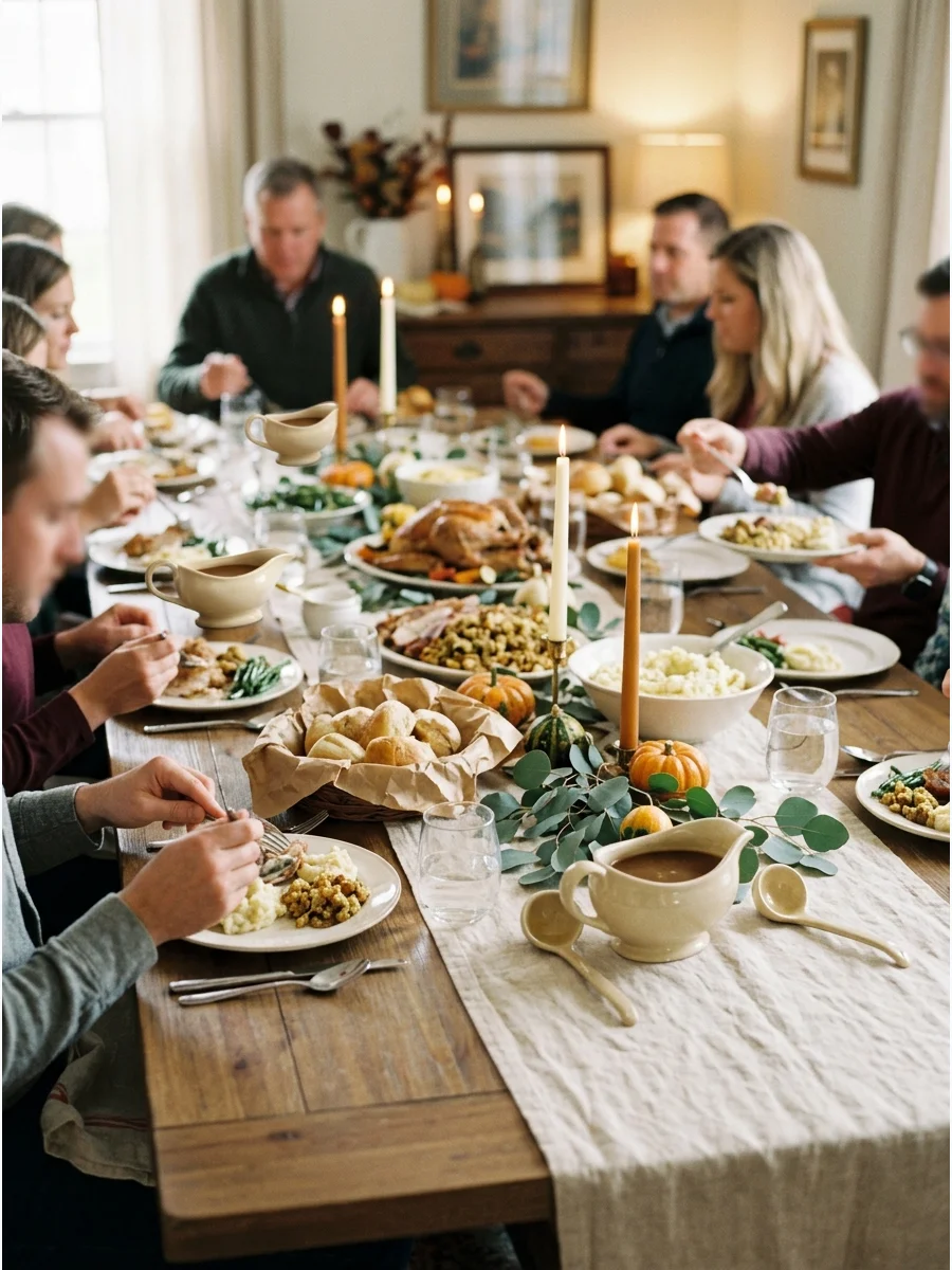 Multiple gravy boats placed strategically around a Thanksgiving dining area.