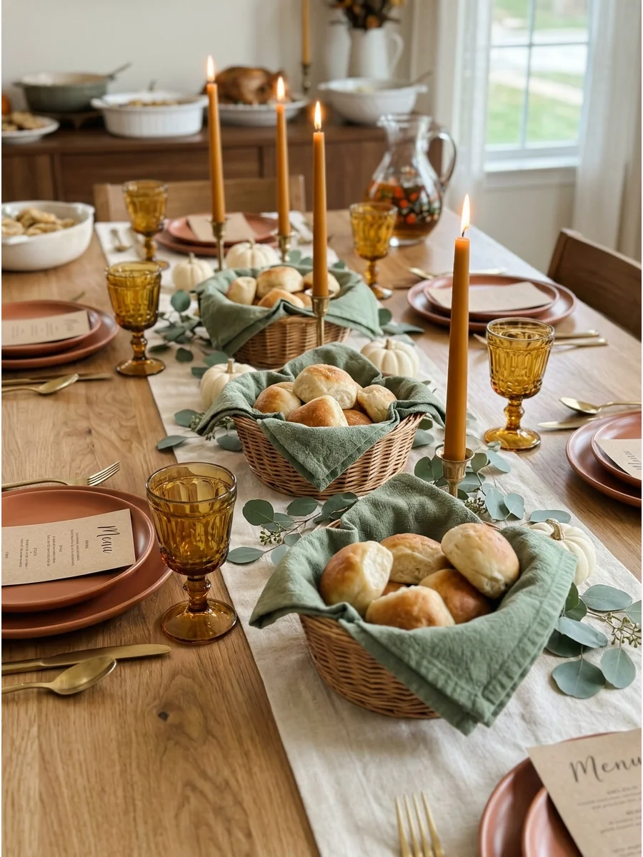 Small baskets of dinner rolls on a Thanksgiving table.