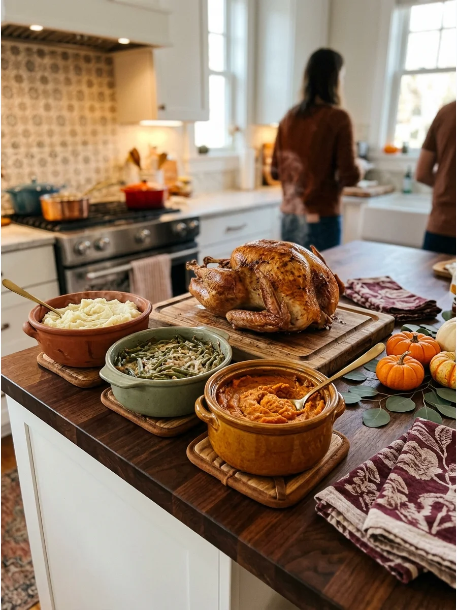 Hot Thanksgiving dishes grouped together on a kitchen island.