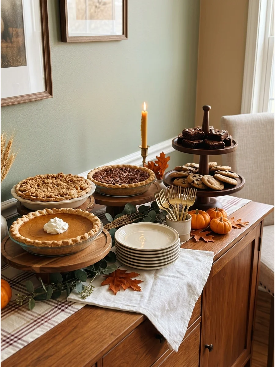 A dedicated dessert station with pies and plates on a sideboard.