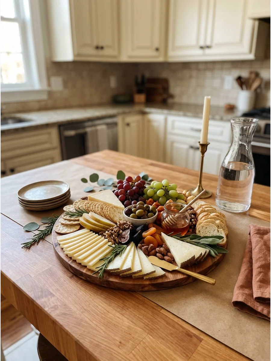A large fall-themed cheese and fruit board on a kitchen counter.