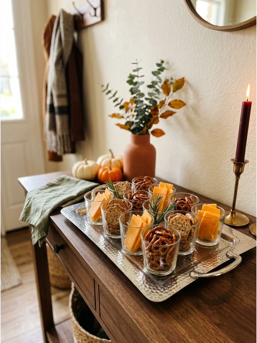 Individual appetizer cups filled with snacks on a silver tray.