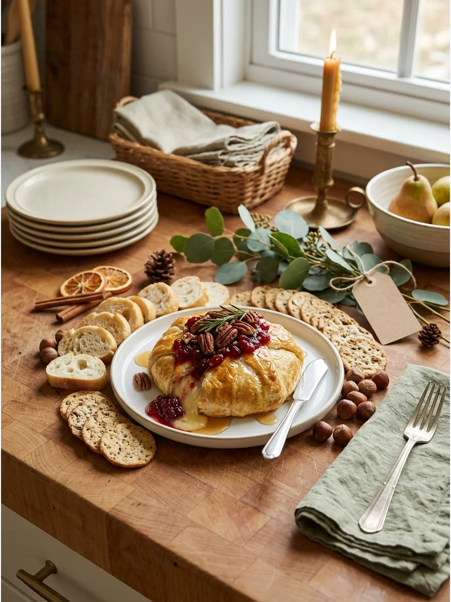Baked brie topped with cranberries on a white serving platter.