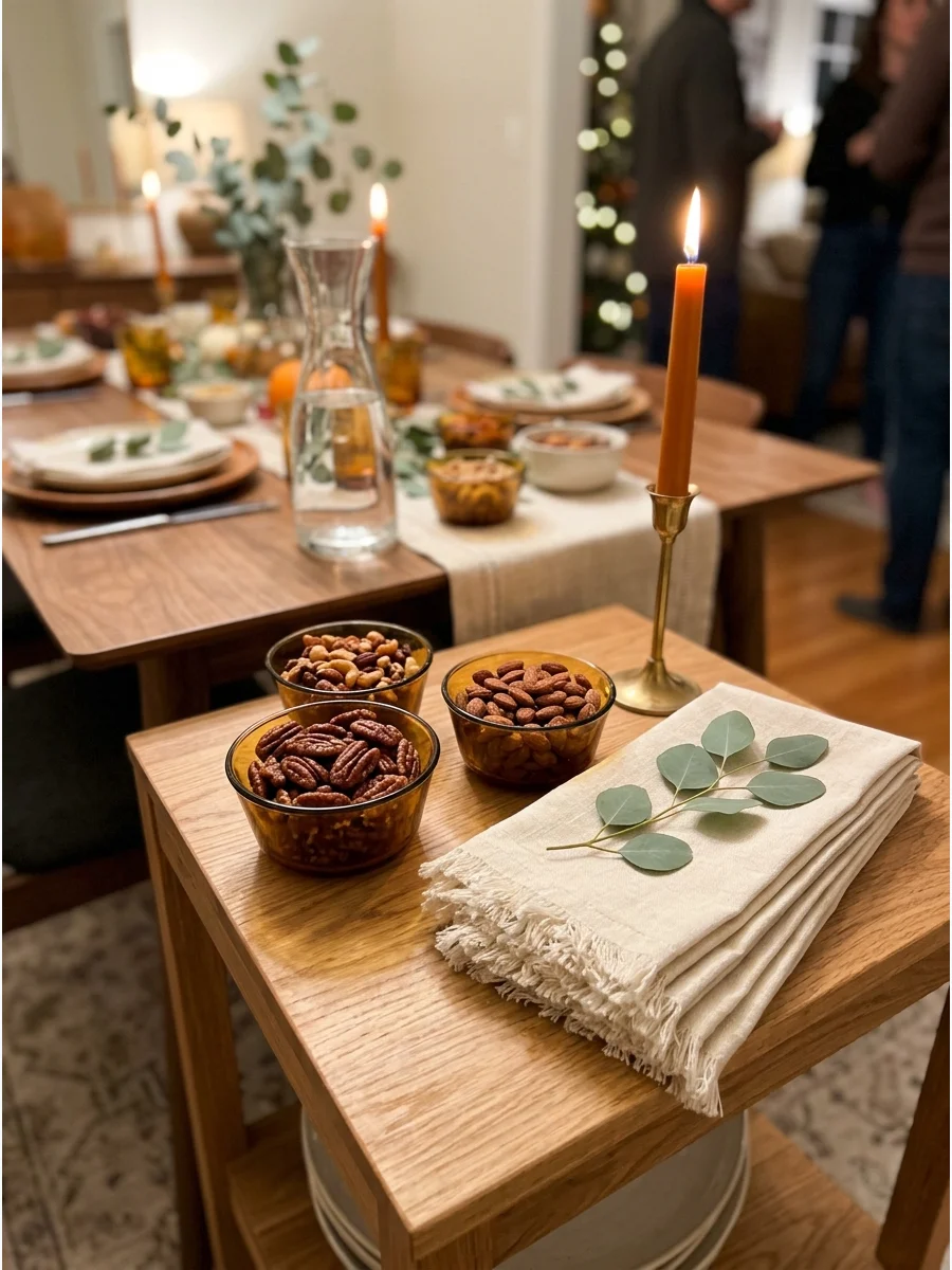 Bowls of spiced nuts on a wooden side table.