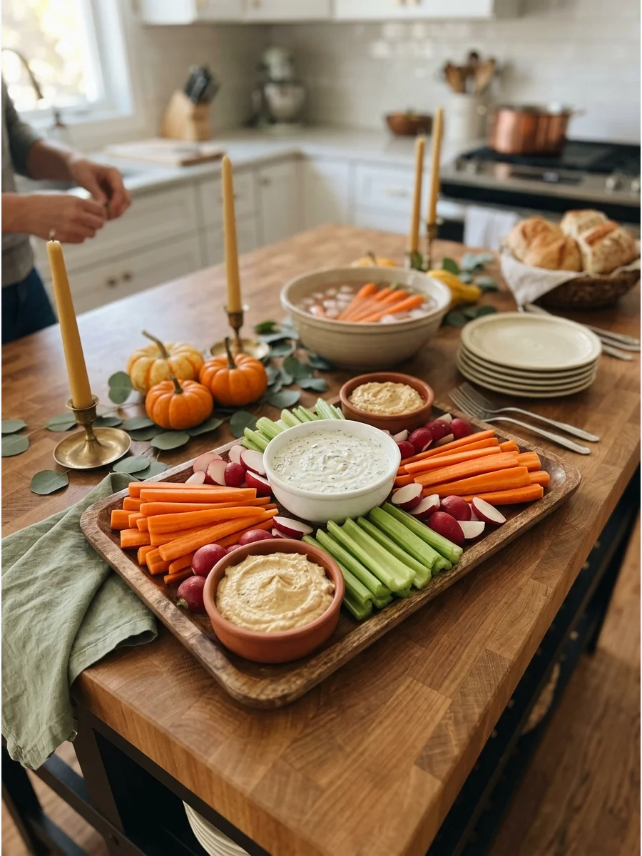 A colorful vegetable platter with dip in the center.