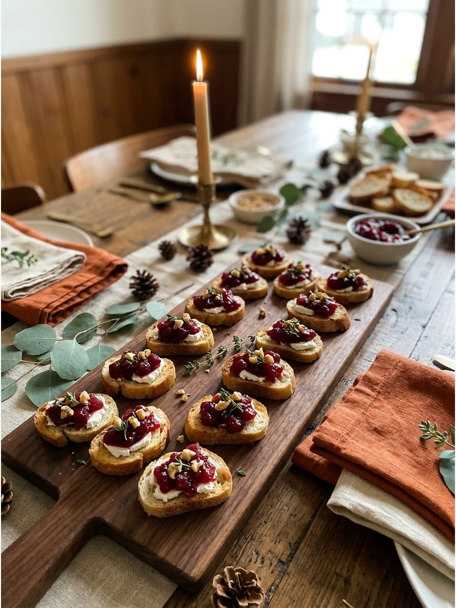 Cranberry and goat cheese crostini on a wooden board.