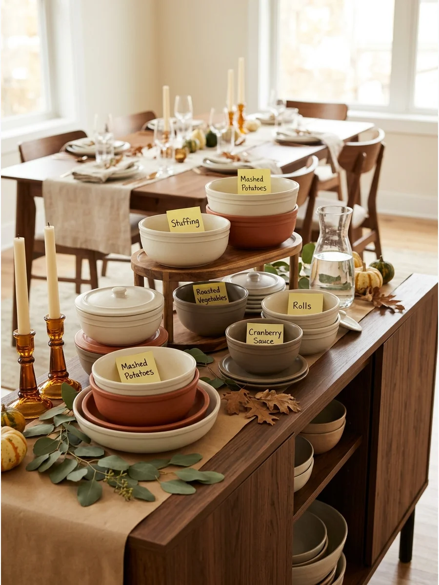 Empty serving bowls on a sideboard with notes indicating which food goes in each.