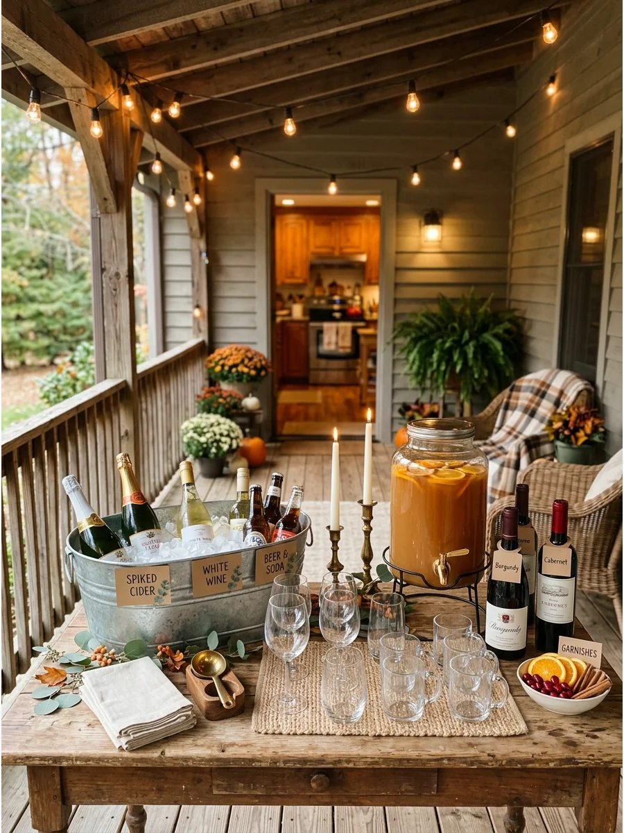 A self-serve drink station on a wooden outdoor table.
