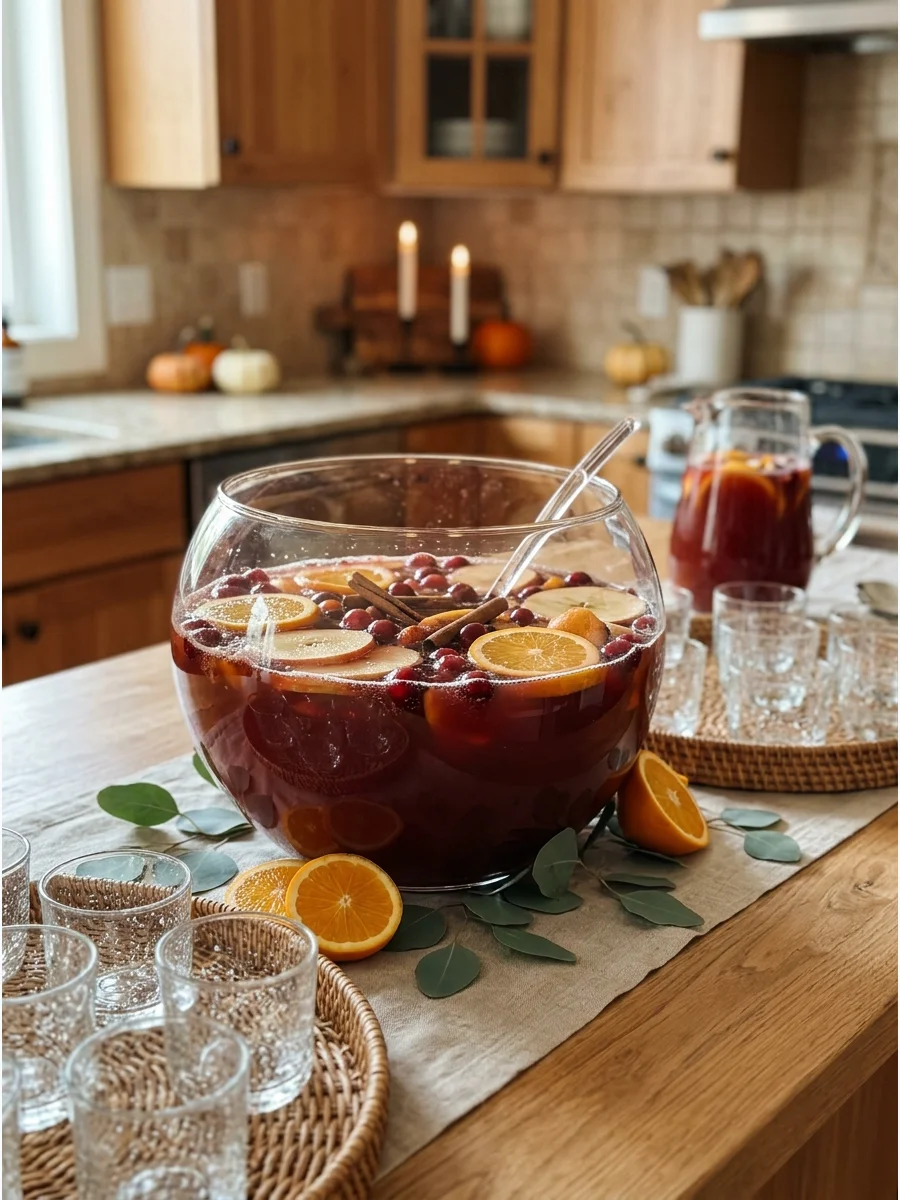 A glass punch bowl with orange slices on a kitchen counter.