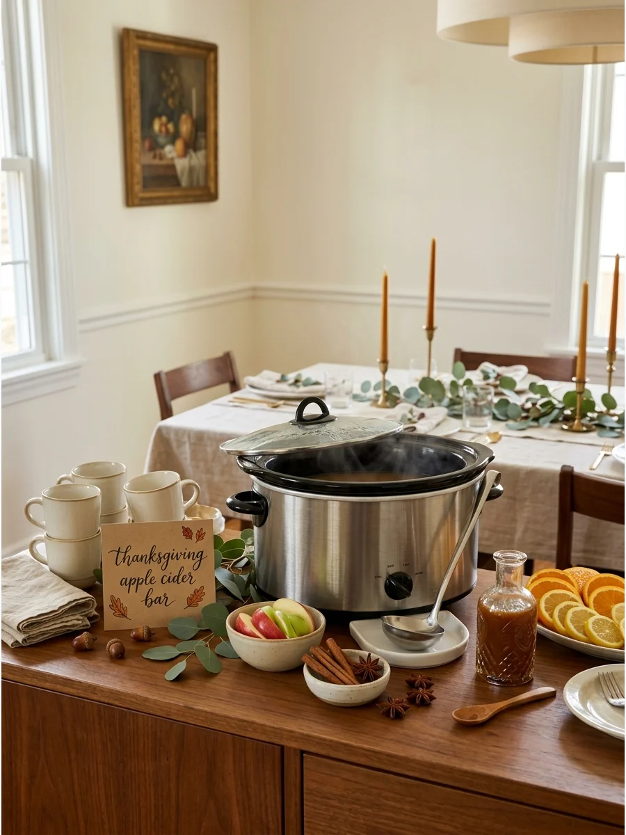 A slow cooker cider station with cinnamon sticks on a wooden sideboard.
