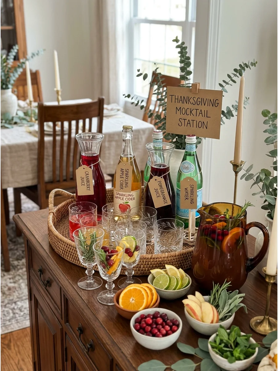 A mocktail station with pomegranate juice and rosemary sprigs on a buffet.