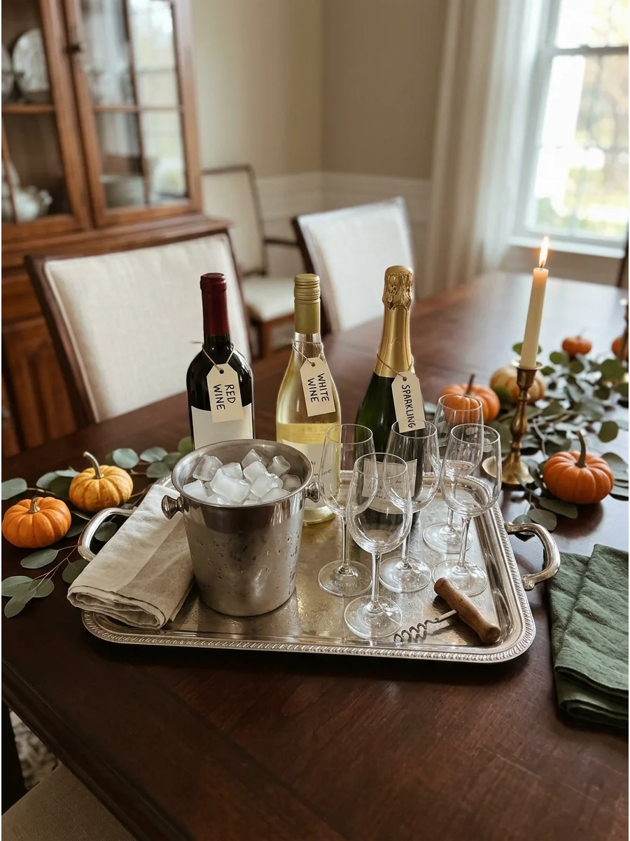 A wine station with bottles and glasses on a silver tray.