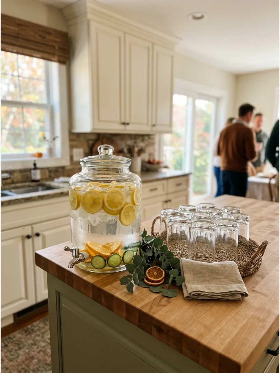 A glass water dispenser with lemon slices on a kitchen island.