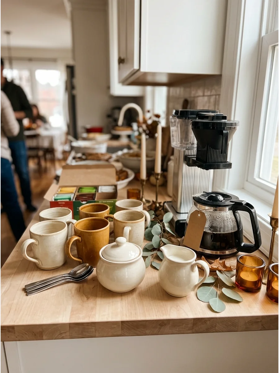 A coffee station with ceramic mugs and sugar on a kitchen counter.
