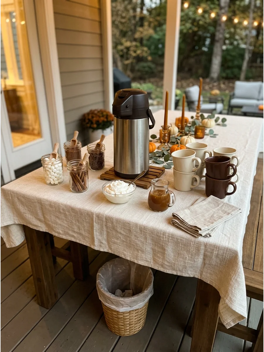 A hot chocolate bar with a carafe and marshmallows on a porch table.