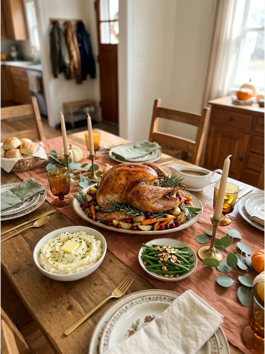 A roasted turkey on a white platter in the center of a dining table.
