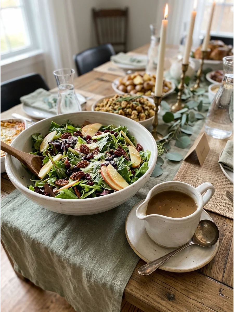 A green salad in a large bowl on a Thanksgiving dining table.