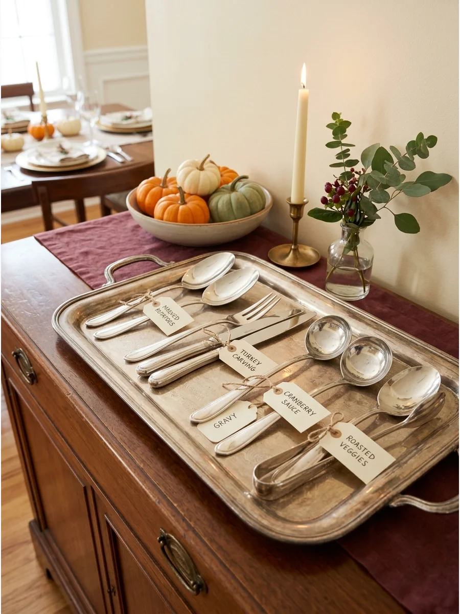 Serving utensils neatly arranged on a tray in a dining room.