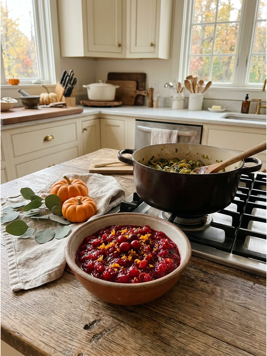 A bowl of cranberry relish on a kitchen counter.