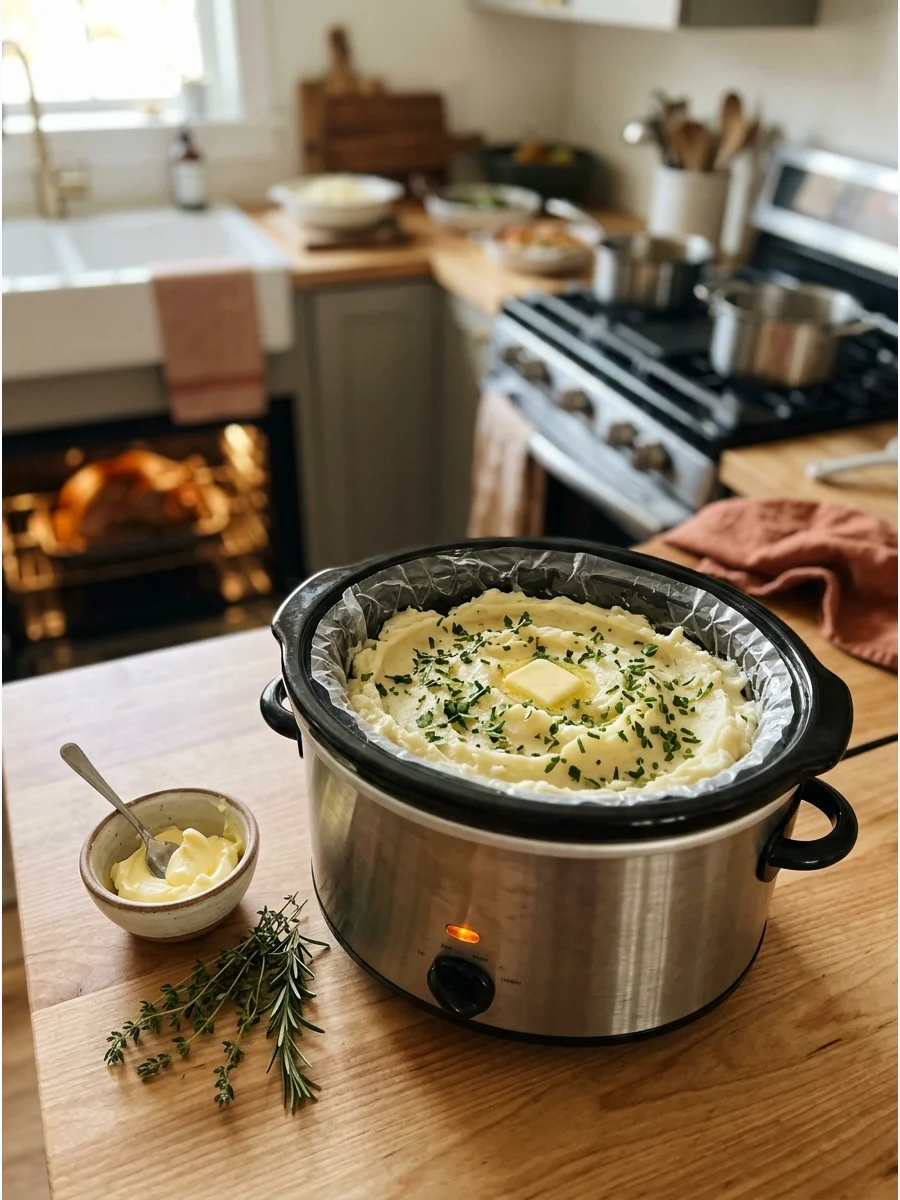 A slow cooker on a kitchen counter holding warm Thanksgiving side dishes.