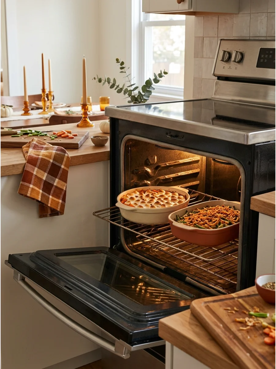 Two casserole dishes baking simultaneously in a home oven.