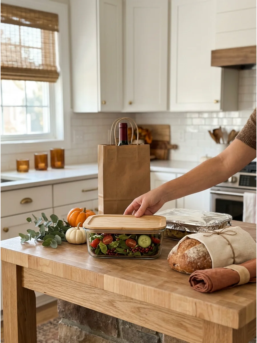 A guest bringing a prepared salad dish into a kitchen for Thanksgiving.