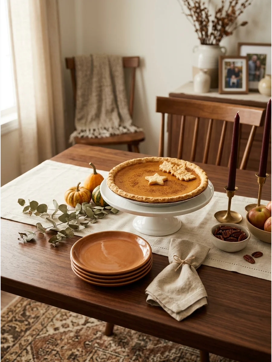 A bakery pumpkin pie displayed on a ceramic stand on a Thanksgiving table.