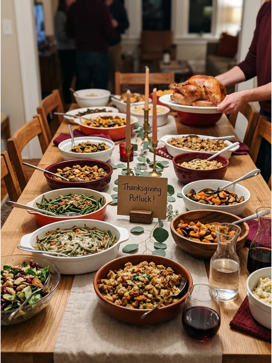 A diverse potluck spread on a Thanksgiving dining table with many different dishes.