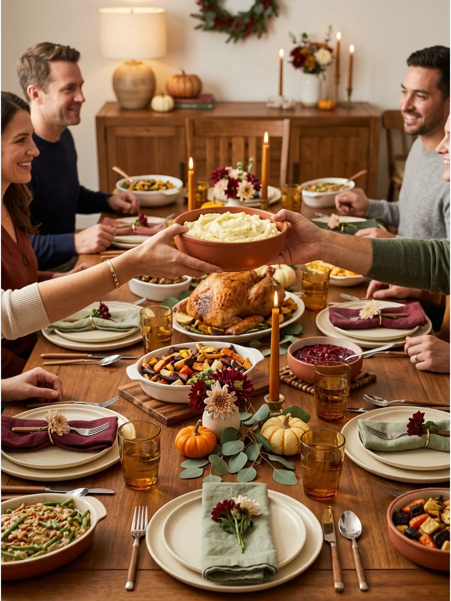 Guests passing serving bowls around a Thanksgiving table for family-style service.