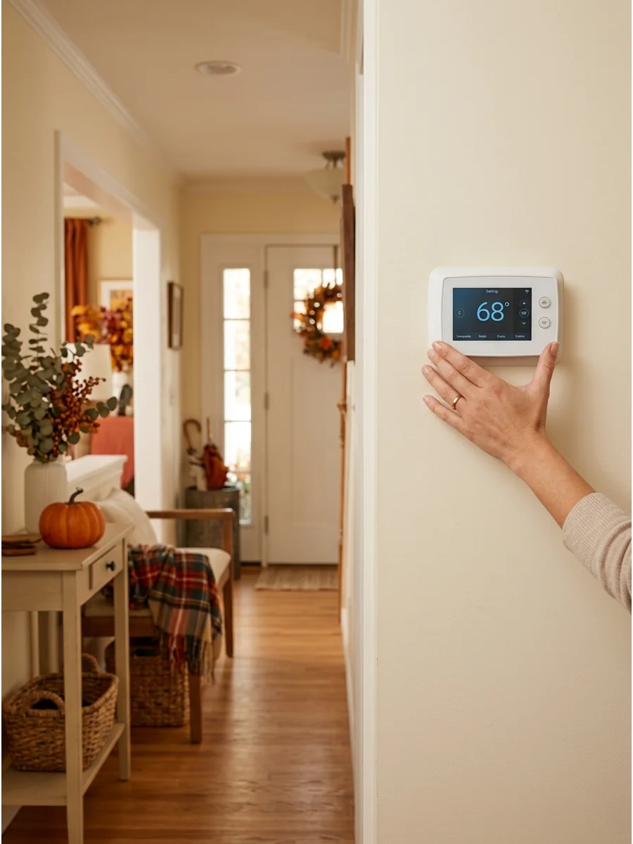 A person adjusting a thermostat in a home decorated for autumn.