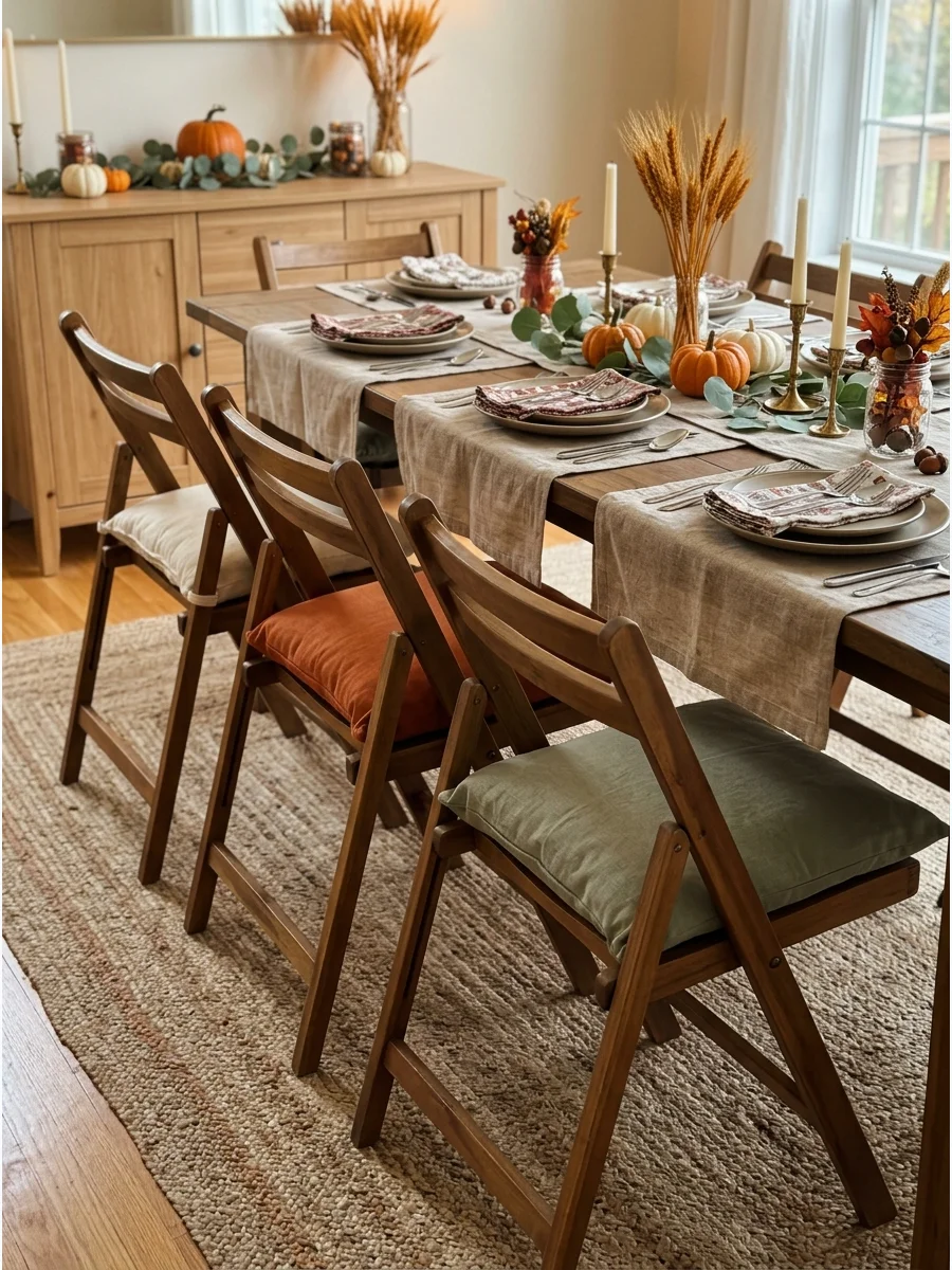 Extra folding chairs set up at a long Thanksgiving dining table.