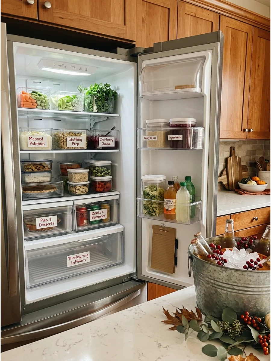 The inside of a clean and organized refrigerator prepared for holiday food storage.