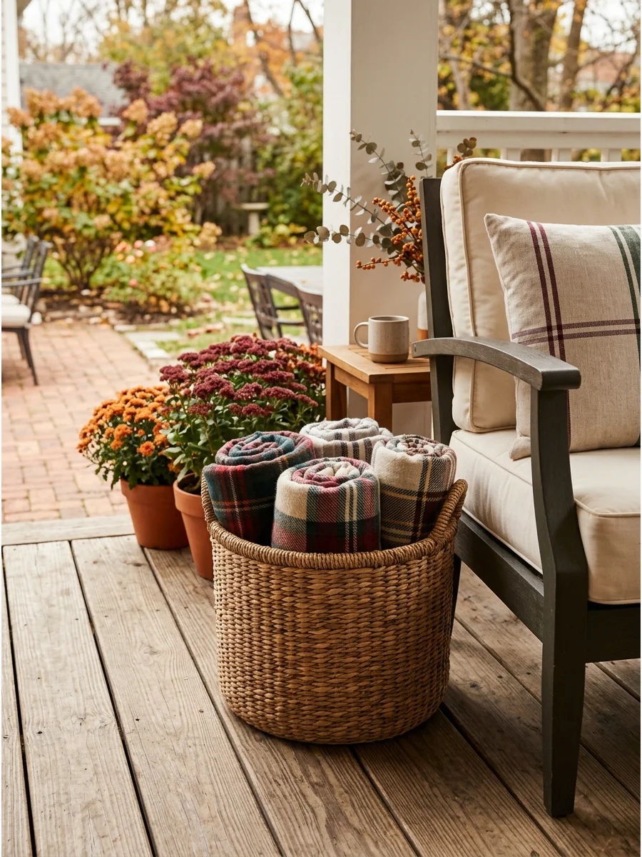 A basket of cozy blankets on a porch for Thanksgiving guests.