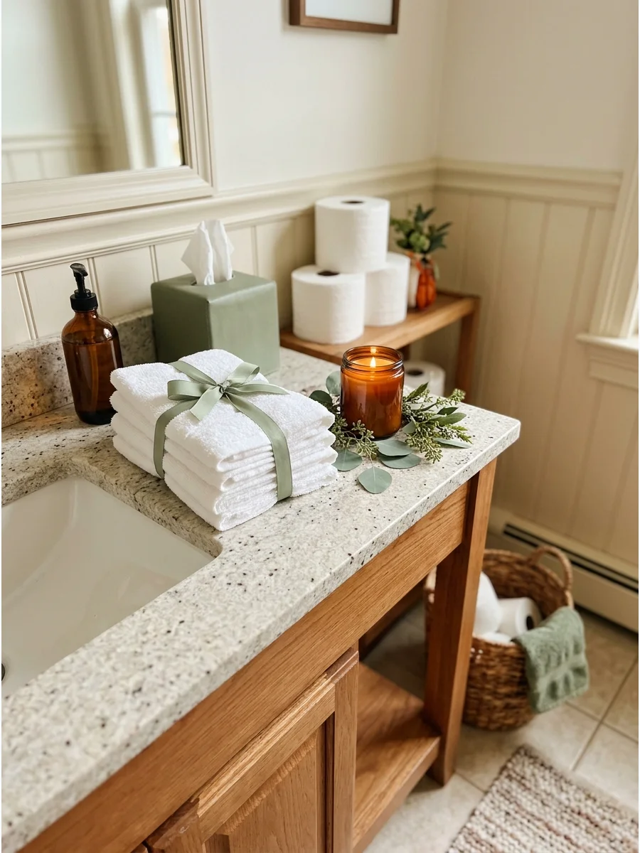 A guest bathroom counter with towels and a candle.
