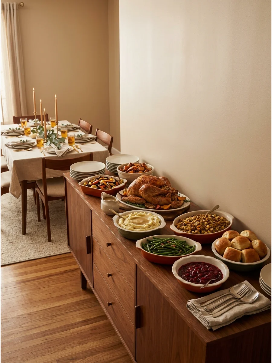 A buffet setup on a sideboard with Thanksgiving dishes.