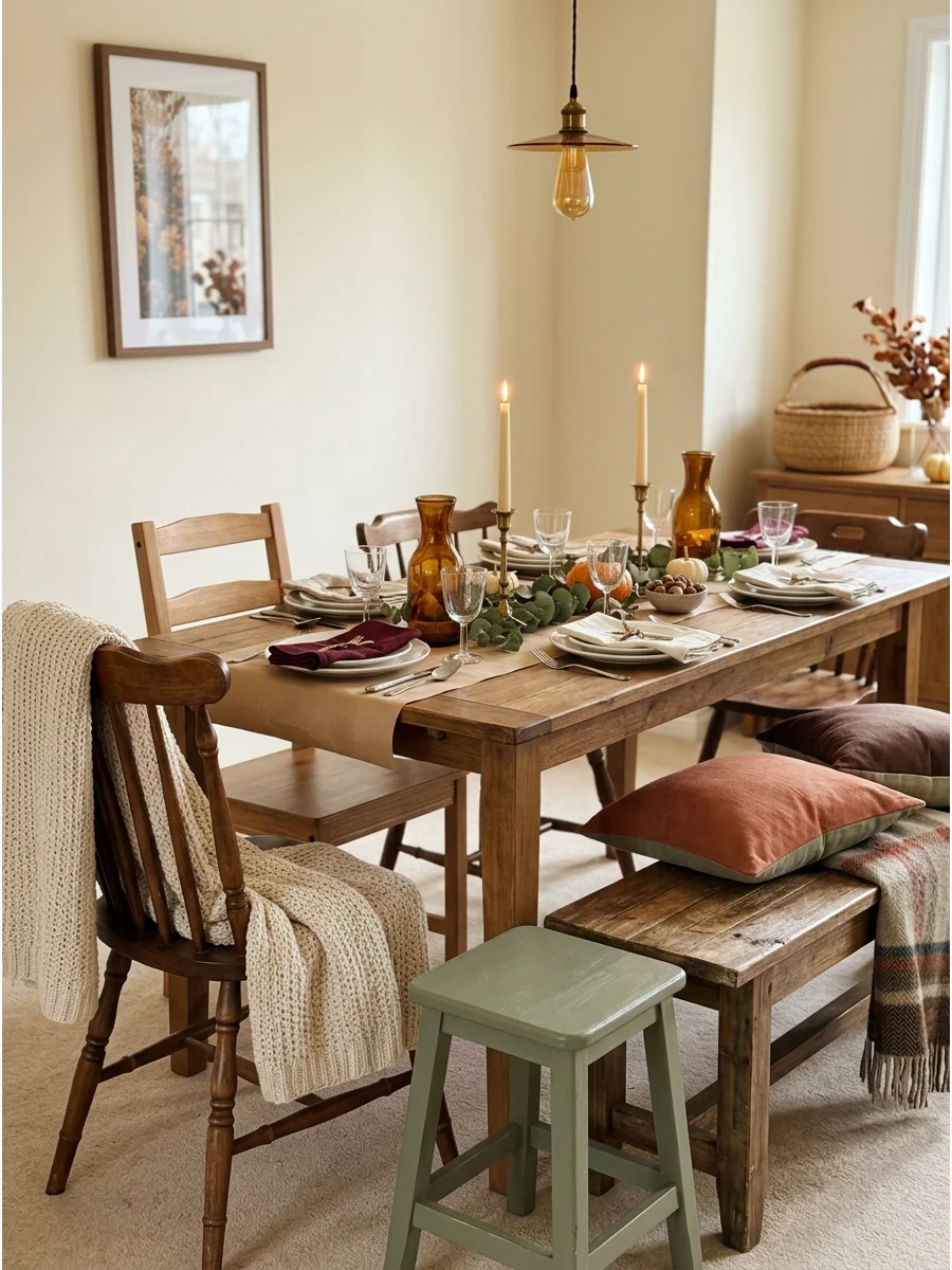A dining table with a variety of different chairs and a bench.
