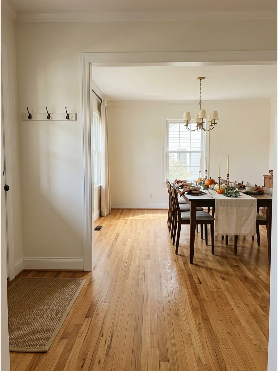 An open living space with furniture moved to create walking paths.
