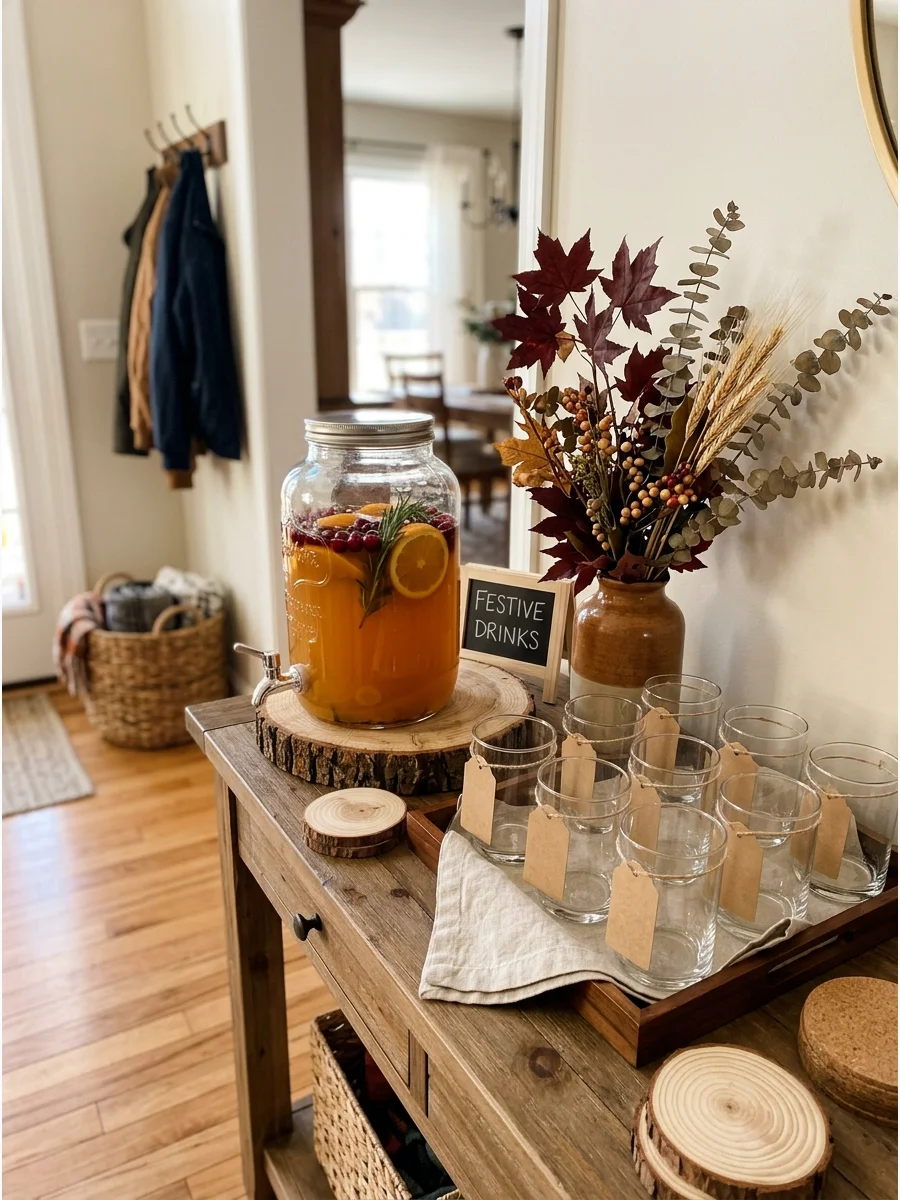 A drink station set up on an entryway console table.