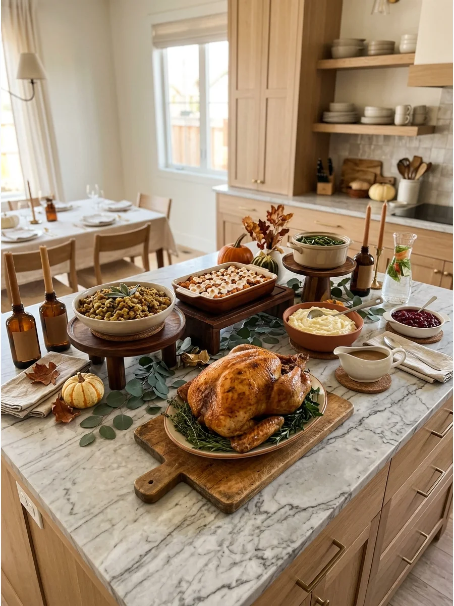 A kitchen island used as a buffet with food on wooden stands.