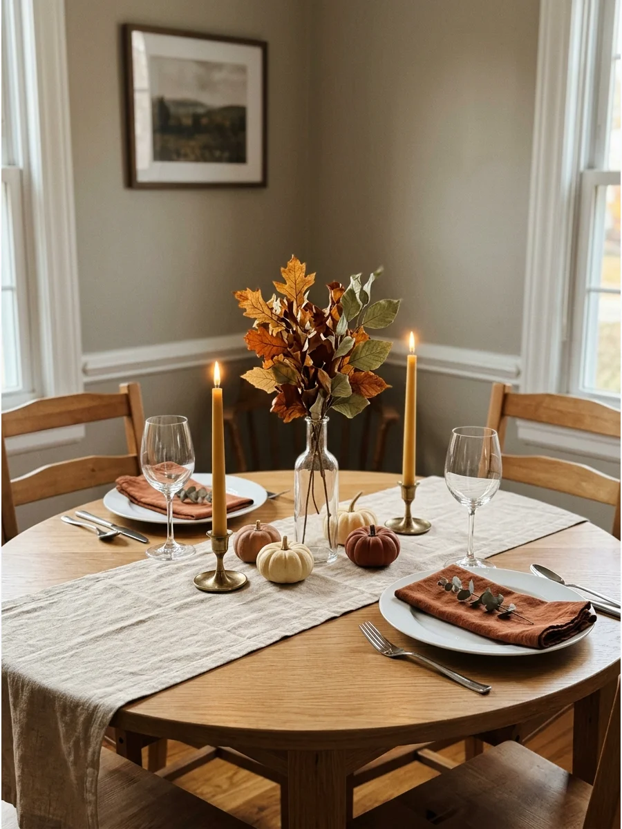 A simple dining table with minimal autumn decor.