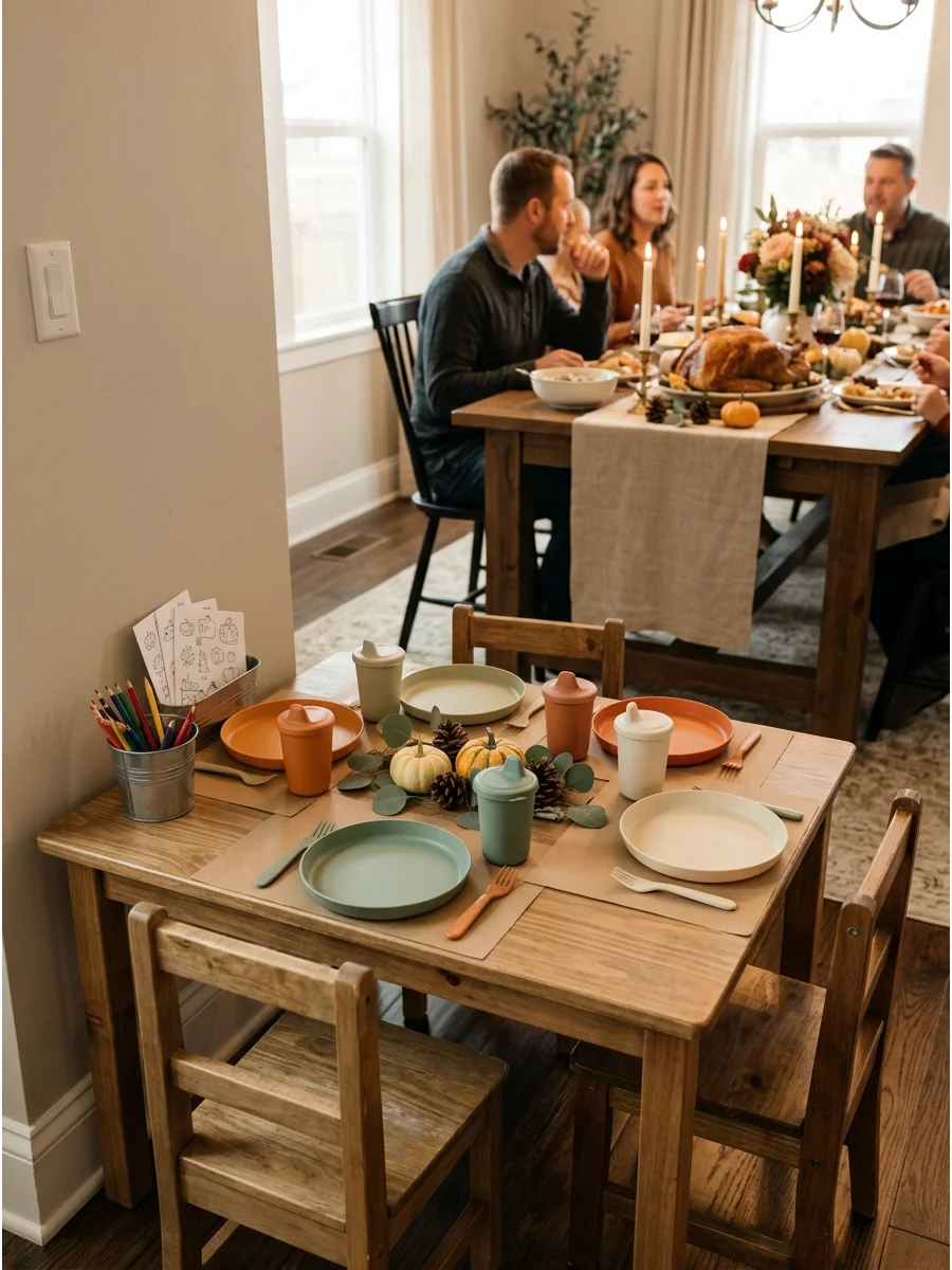 A small table set for children with colorful plates.