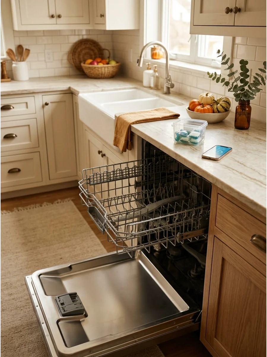 An empty dishwasher ready for use in a clean kitchen.