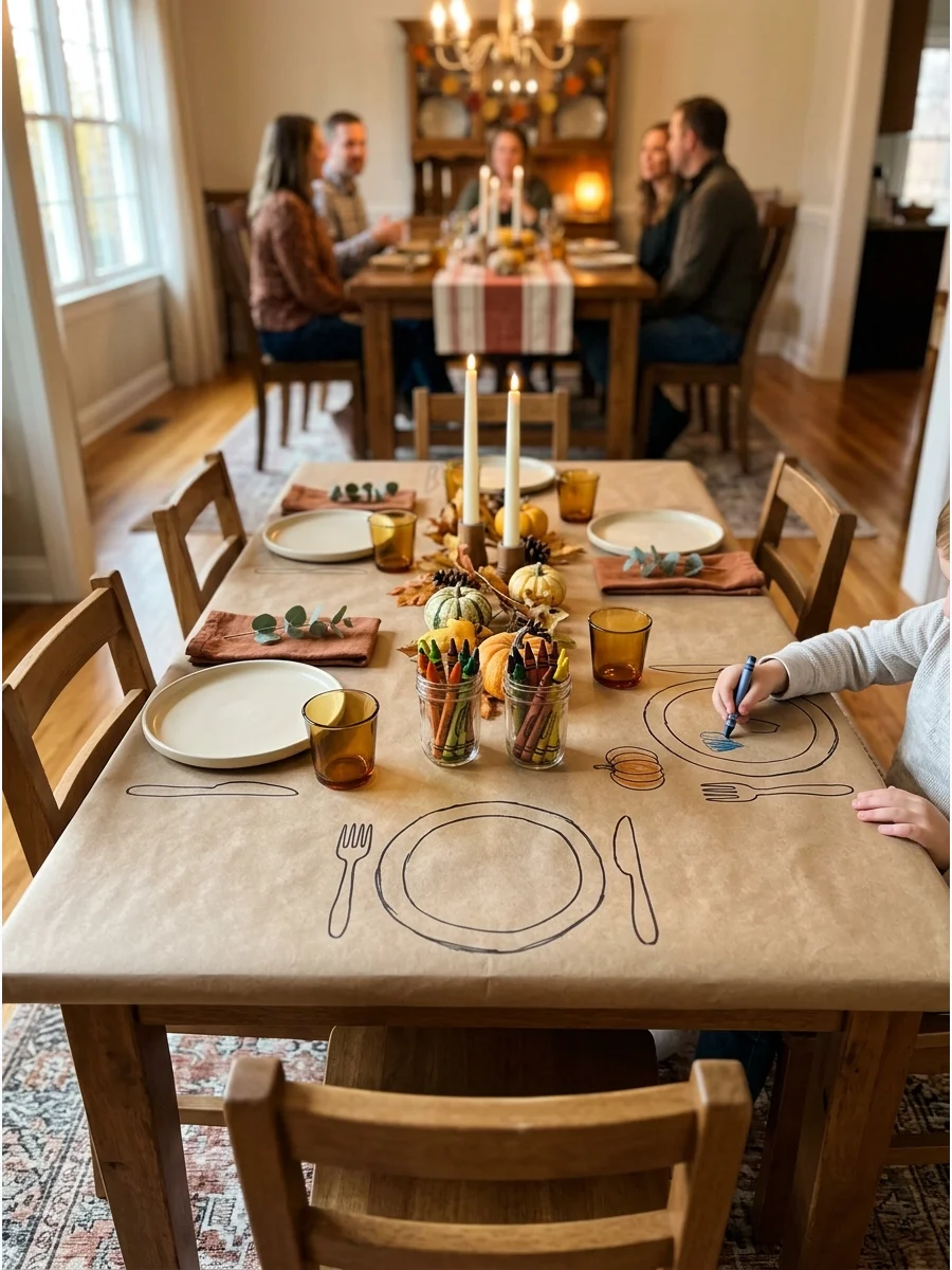 A kids' table covered in kraft paper with crayons for drawing.
