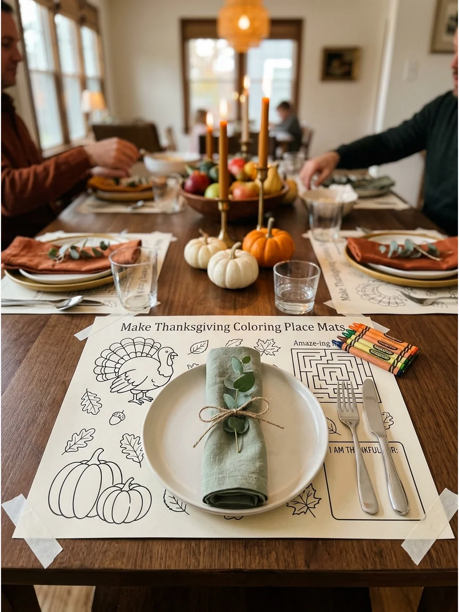 A paper Thanksgiving coloring mat with crayons on a wooden dining table.